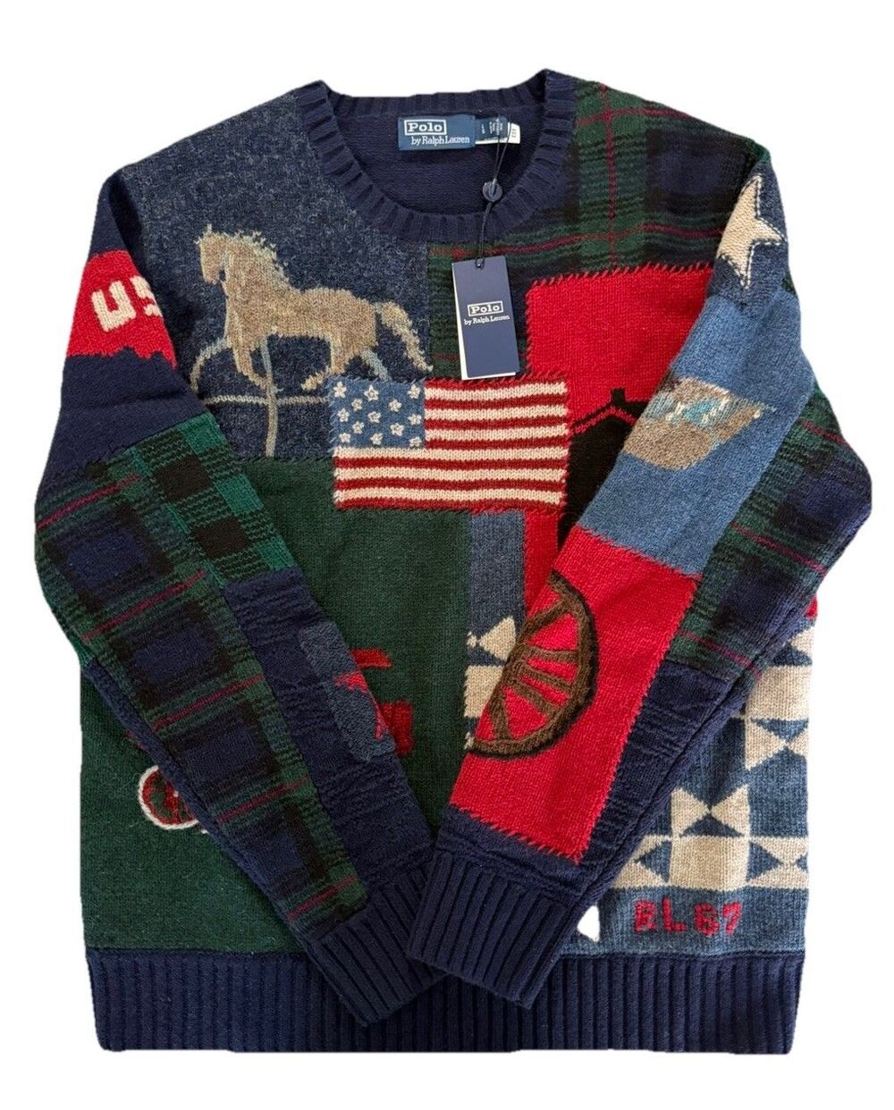 Polo Ralph Lauren Sweater Men's L USA Flag Patchwork 100% Wool Pullover NWT $998